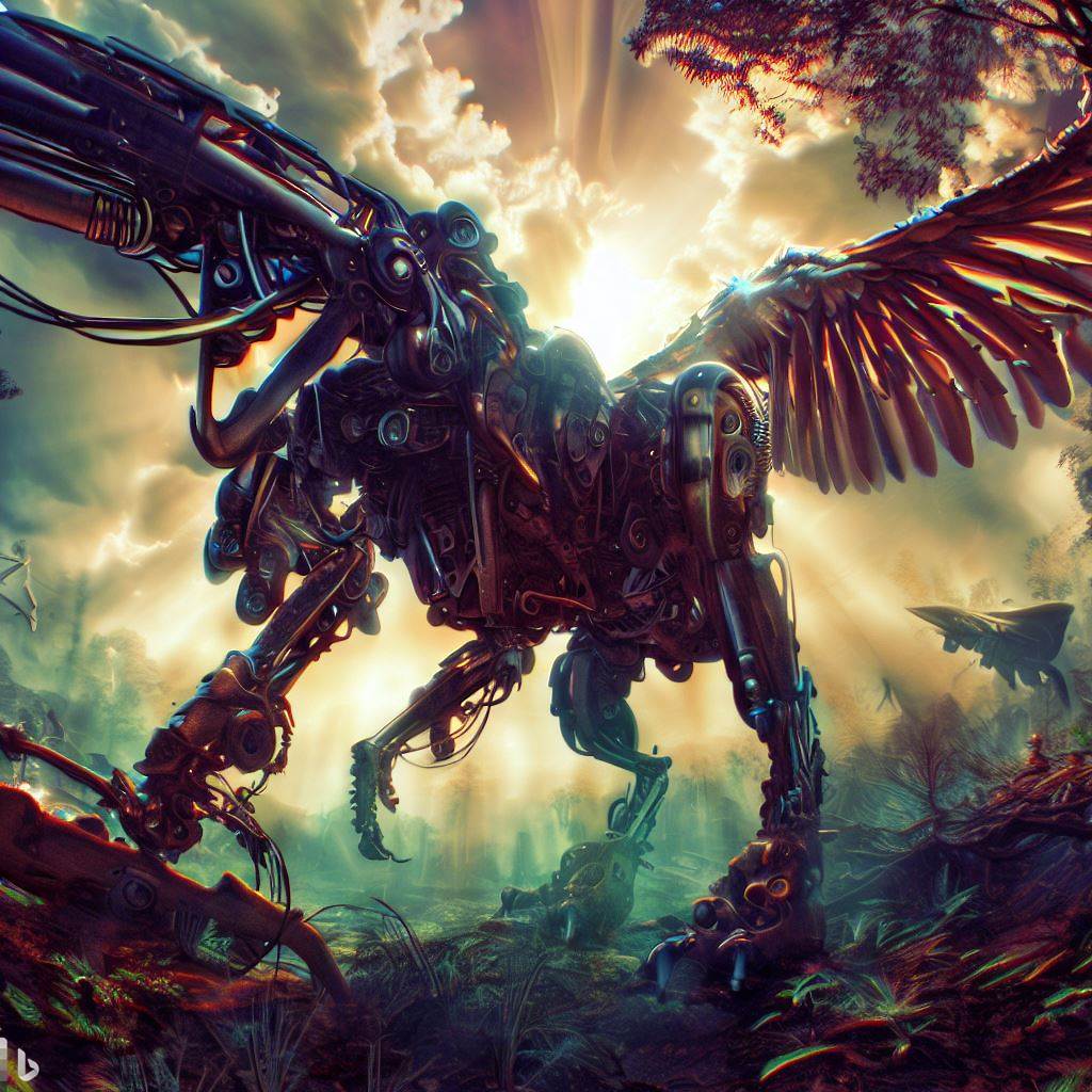future mech dinosaur with wings, in forest, wildlife in foreground, surreal clouds, lens flare, fish-eye lens, realistic h.r. giger style 3.jpg